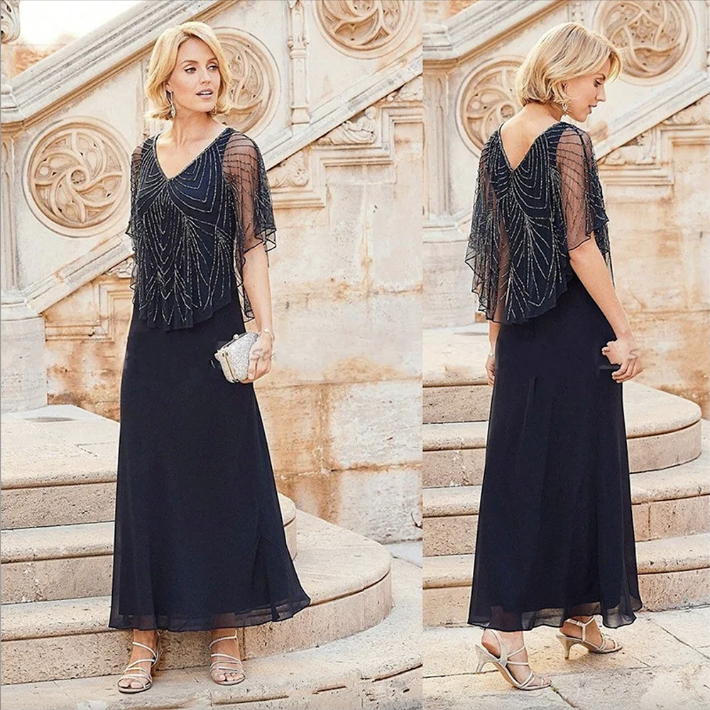 

2023 Navy Blue Plus Size Mother Off Bride Dresses V Neck Crystal Beading With Wrap Chiffon Backless Ankle Length Mother Of The Bride Dress