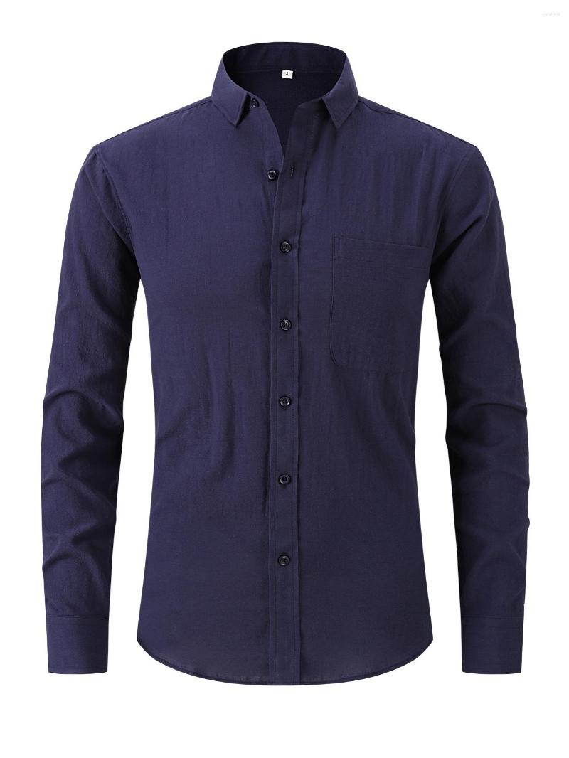 

Men's Casual Shirts Plus Size Solid Color Imitation Linen Long Sleeve Shirt, Navy blue