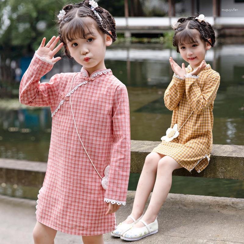

Ethnic Clothing Cheongsam Vintage Panbuckle Spring Autumn Girl's Checker Bag Long Sleeve Qipao Chinese Style Lovely Sweet Princess Dress