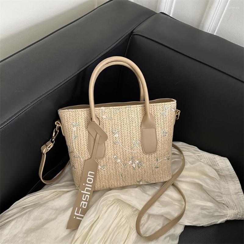 

Evening Bags Ladies Tote Bag Flower Woven Women Messenger PU Stitching Straw Fashion Casual Simple Summer Beach Female Satchel, Beige