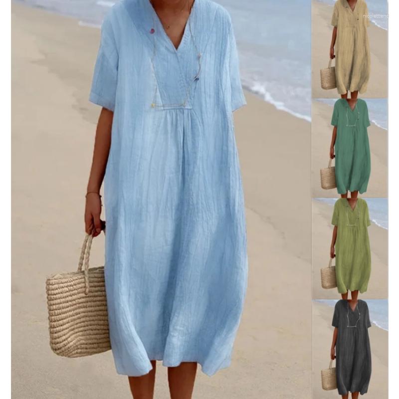 

Casual Dresses Vintage Solid Color Women' 2023 Summer Sexy V-Neck Cross Short Sleeve Pullover Fashion Pleated Loose Dress, Dark grey