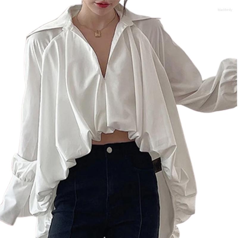 

Women' T Shirts Yeezzi 2023 Spring Korean Fashion High-low Long Sleeves Pleated Blouses Casual Loose Solid Color Lapel Tops For Women, White