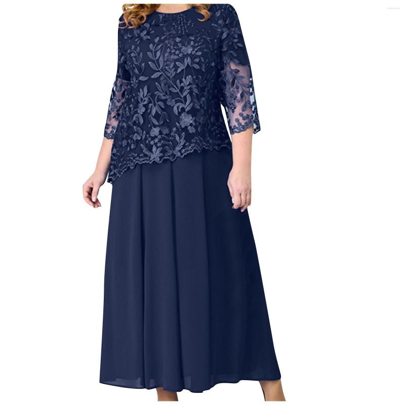 

Casual Dresses Spring/Summer Elegant For Women 2023 Party Sheer Half Sleeve Floral Lace Layered Mother Of Bride Midi Dress Wedding, Navy