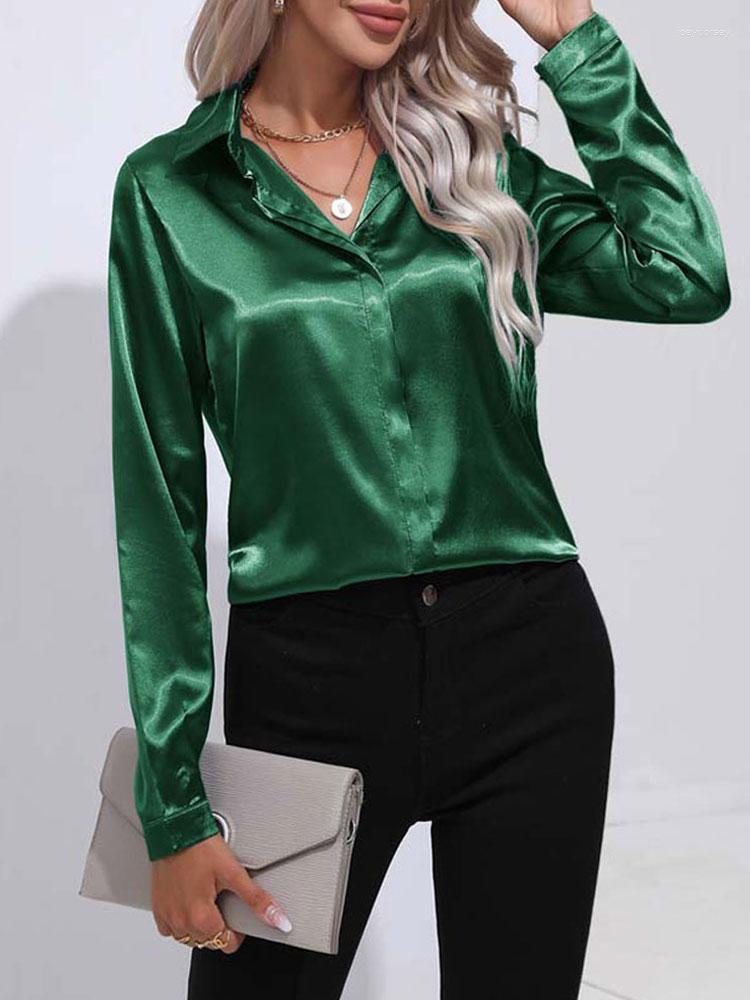 

Women' Blouses 2023 Spring Summer Satin Shirt Women V Neck Long Sleeve Office Ladies Black White Silk Loose Shirts For, Green