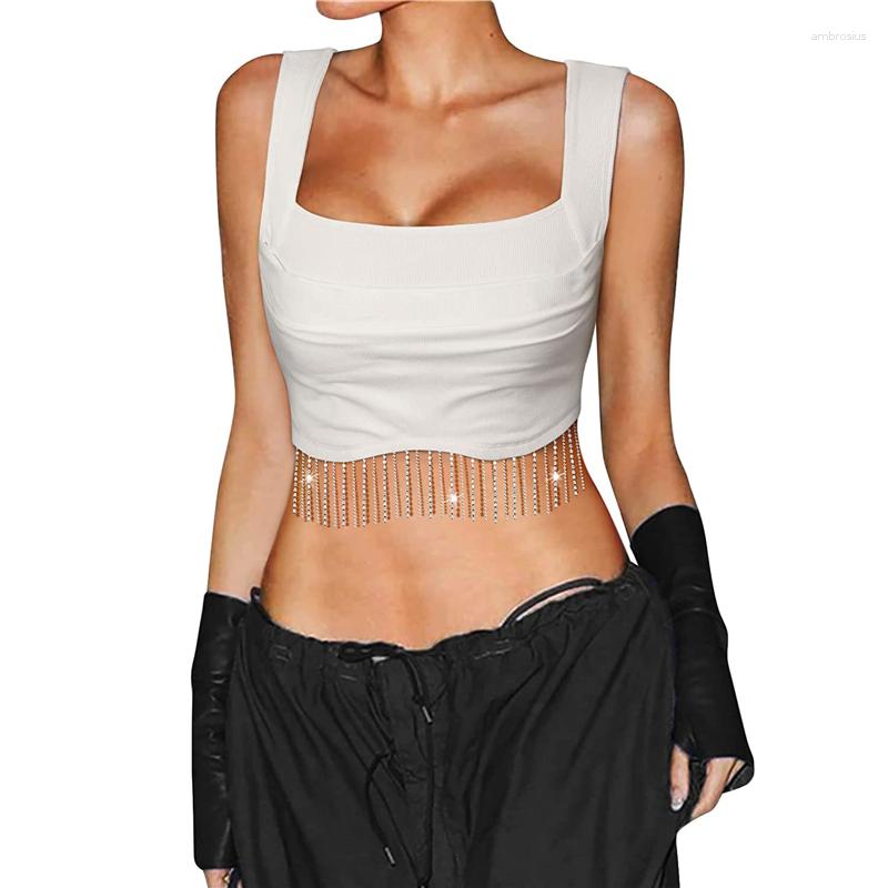 

Women' Tanks Xingqing Tassels Crop Top Y2k Aesthetic Women Solid Color Square Collar Sleeveless Basic Vest 2000s Camisole Streetwear, As photo shows