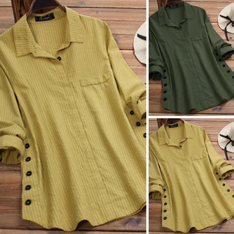 

Women's Blouses Lapel Long Sleeve Women Shirt Single-breasted Irregular Side Buttons Fake Pocket Striped Print Mid-length Top, Green
