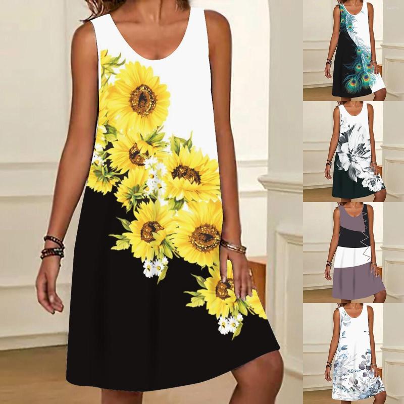 

Casual Dresses Women Sleeveless Round Neck Dress Elegant Floral Printed Causal, Yellow