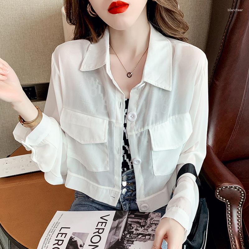 

Women's Blouses Streetwear Fashion Pockets Blouse Summer Solid Color All-match Turn-down Collar Casual Korean Single-breasted Straight Shirt, Blue