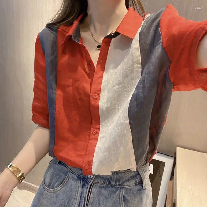 

Women's Blouses Office Lady Fashion Contrasting Colors Patchwork Blouse Summer Short Sleeve Casual Single-breasted Female Korean Polo-Neck, Blue