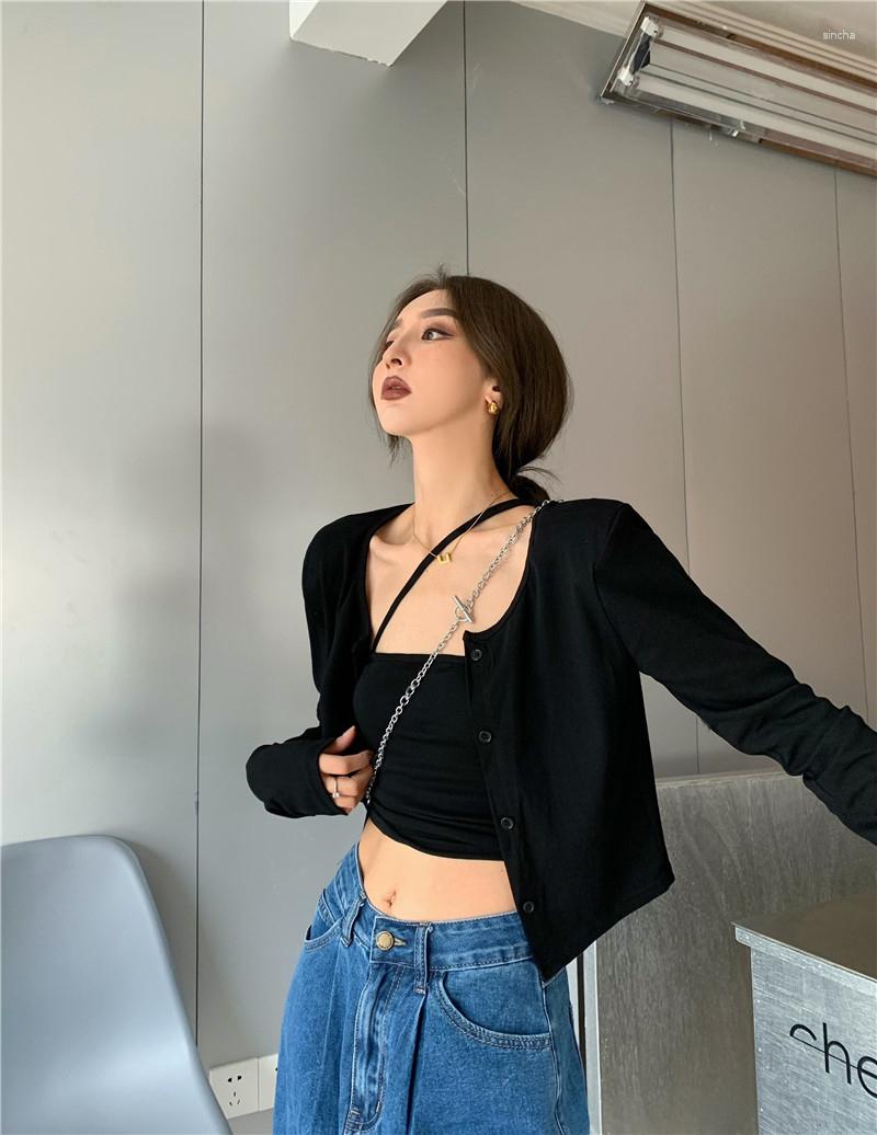 

Women's Tanks GkyocQ Summer Women Two Piece Sets Solid Irregular Skinny Camis Long Sleeve Knitted Cardigan Tops Sexy Girl Chic Female, Black 2pc set