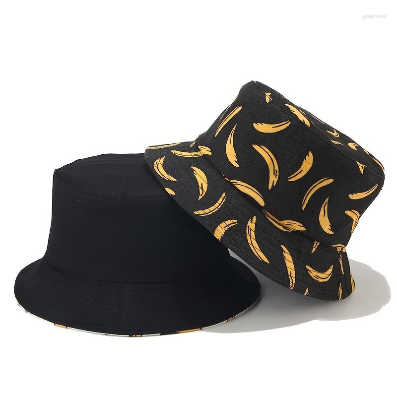 

Beanies Banana Print Double Sided Bucket Hat Outdoor Fashion Casual Style Man Unisex For Women Girls, Black