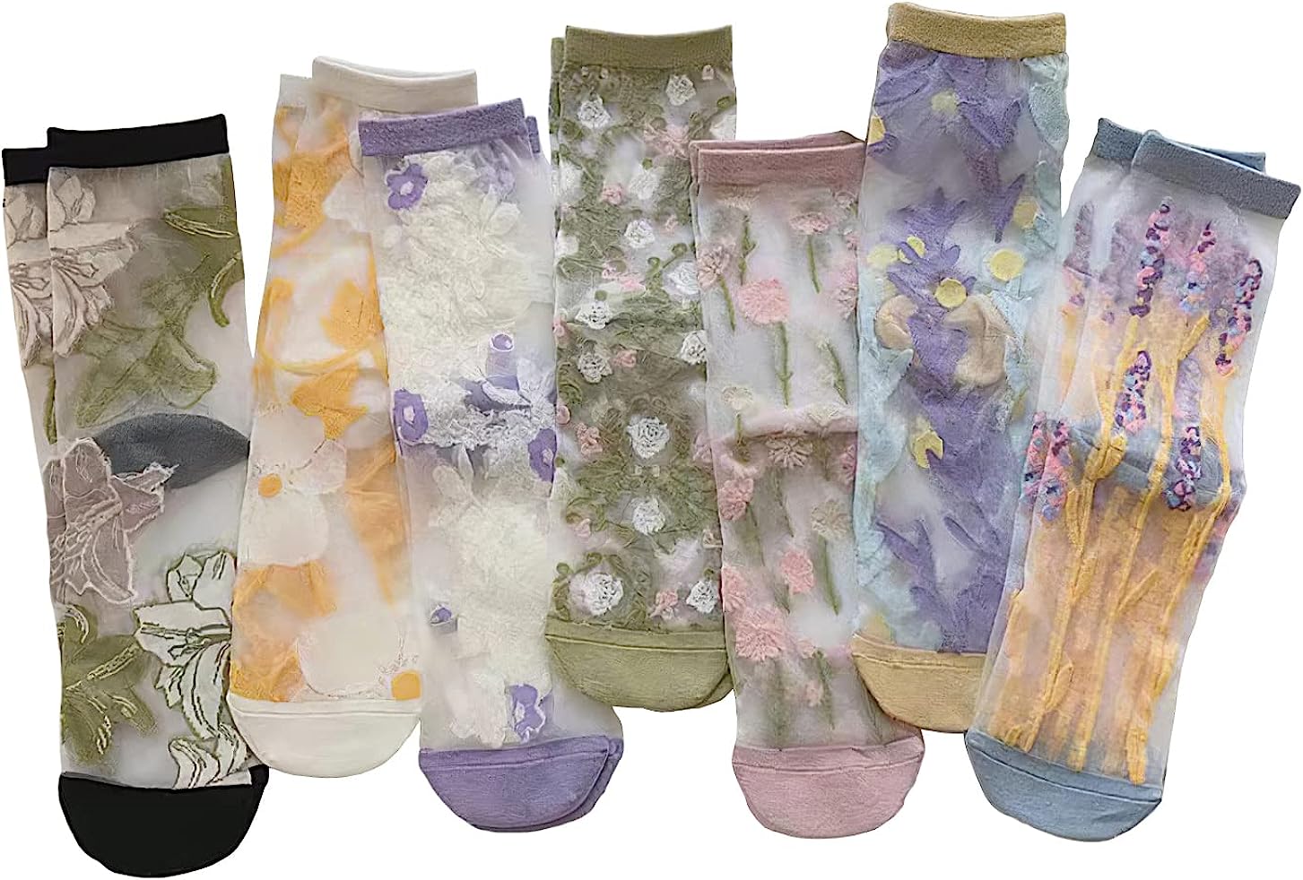 

3 Pairs Vintage Sheer Socks,Summer Transparent Flower Ankle Socks,Thin Mesh Lace Elastic Jacquard Glass Silk Socks F458, Multi