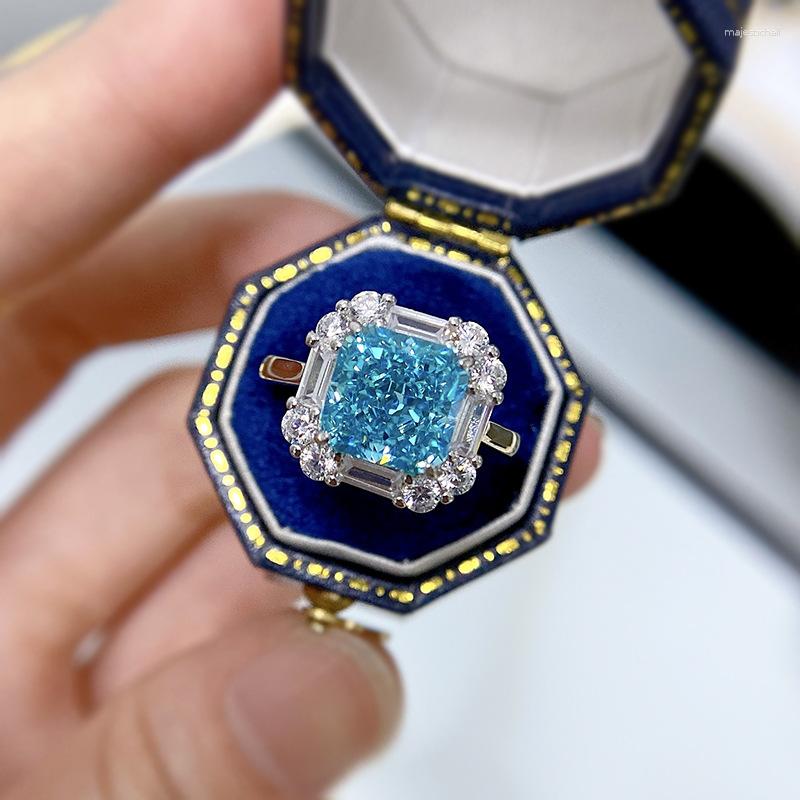 

Cluster Rings 2023 Trend 925 Real Silver 8 8mm Iced Cut Aquamarine For Women Gemstone Lab Diamond Wedding Party Fine Jewelry Gifts