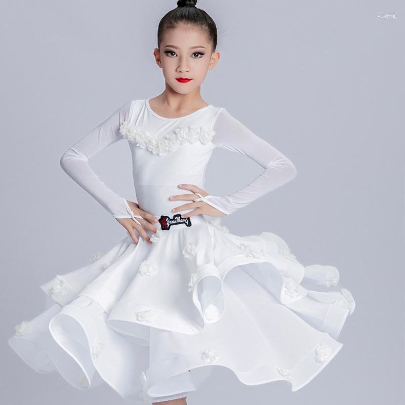 

Stage Wear White Long Sleeves Latin Dance Dress Kids Performance For Girls Split Suit Ballroom Competition Clothes SL7622