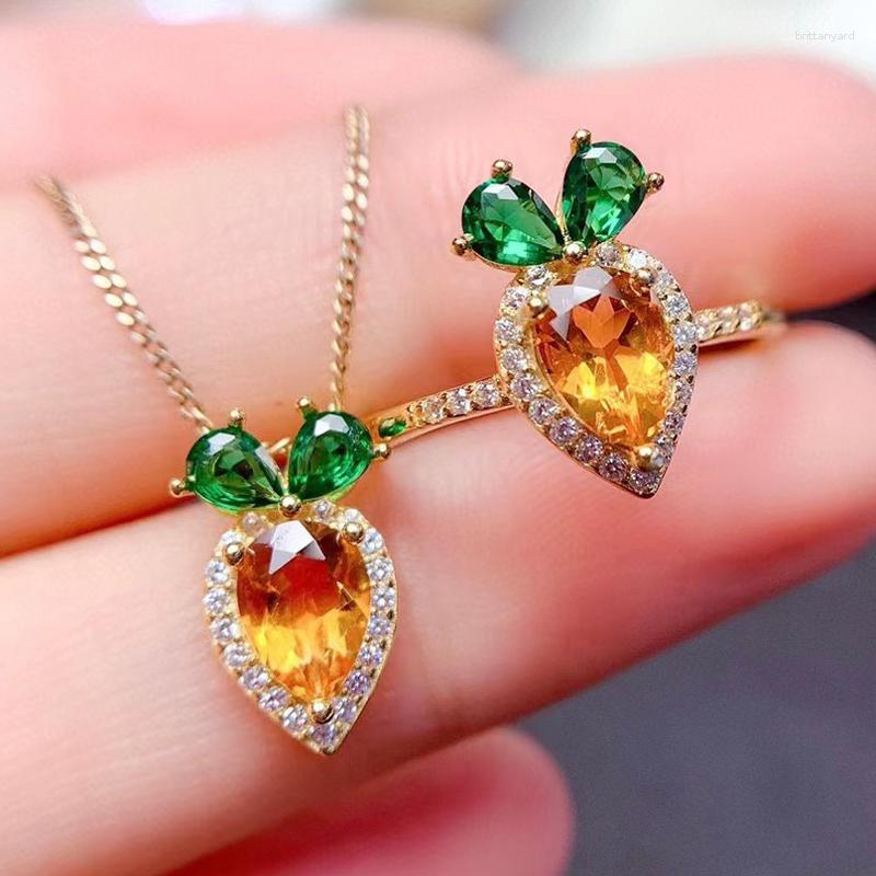 

Necklace Earrings Set Trendy Yellow Crystal CZ Ring Wedding Cute Carrot Jewelry Green Gold Color For Women Gift Drop Wholesale, Picture shown