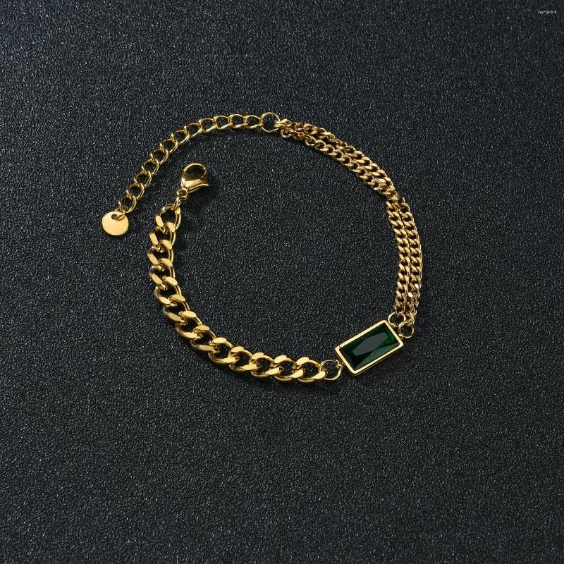 

Link Bracelets Fashion Green Stone Jewelry Set Pendant Necklaces Bracelet Gold Color Stainless Steel Thick Chain For Women Girls Birthday