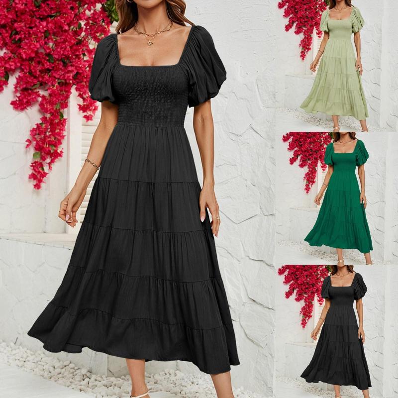 

Casual Dresses Summer For Women Beach Solid High Waist Bubble Sleeves Wrapped Dress, Black