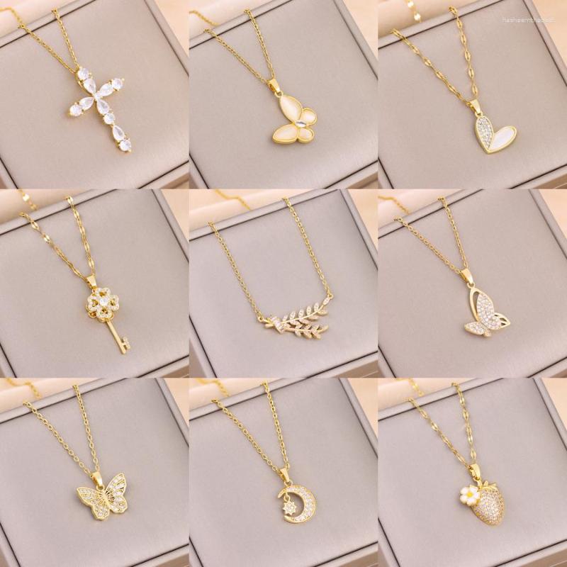 

Pendant Necklaces Trendy Gold Color Stainless Steel For Women Sweet Sexy Zircon Crystal Female Neck Chain Jewelry Wholesale