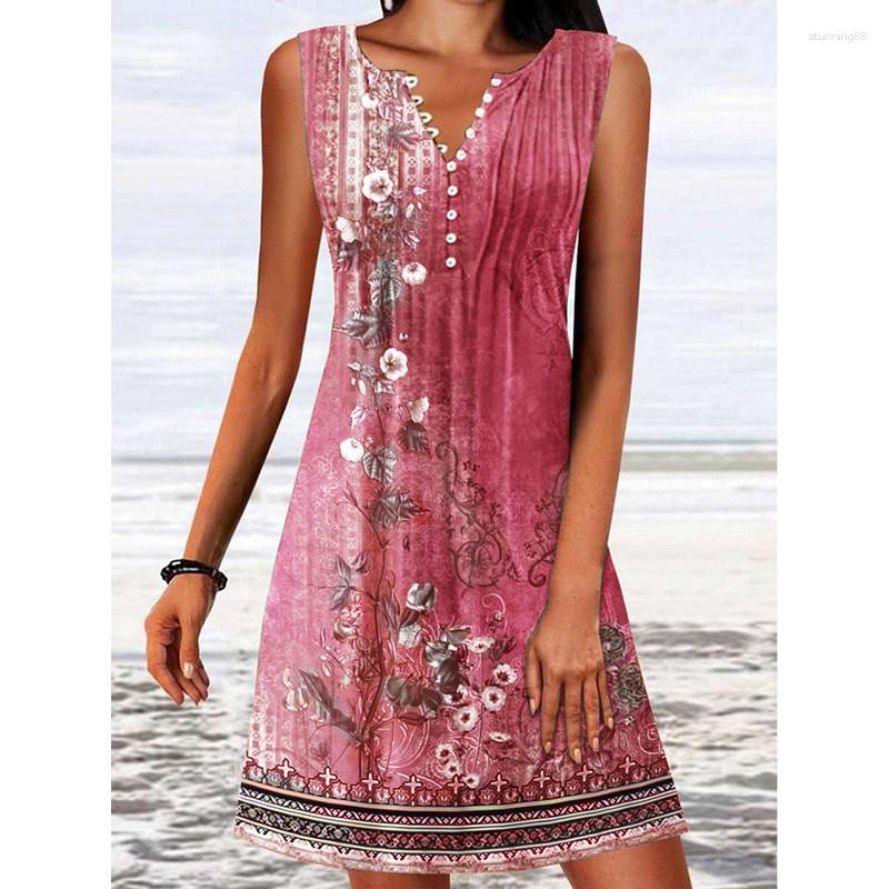

Casual Dresses 2023 Women Dress V Neck Print Button Sleeveless For Retro Streetwear Boho Women's Clothing, Green