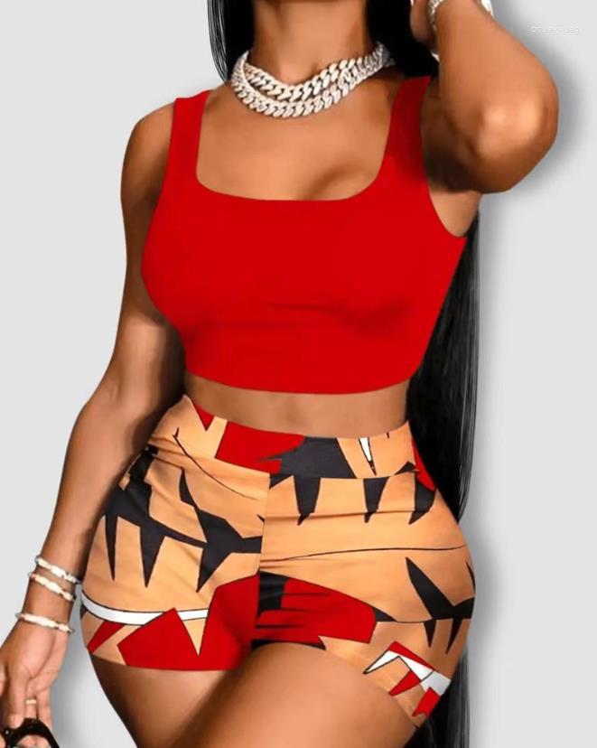 

Women' Tracksuits Two Piece Sets Womens Outifits 2023 Spring Fashion U-Neck Sleeveless Crop Tank Top & Casual Geometric Print Skinny