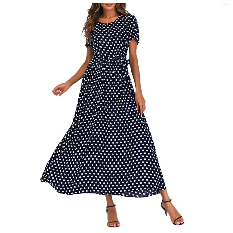 

Party Dresses Summer Elegant Classical Polka Dot Long Maxi Dress Fashion Swing Bow Frenulum Short Sleeve Vestidos Basic Daily Wear, Red