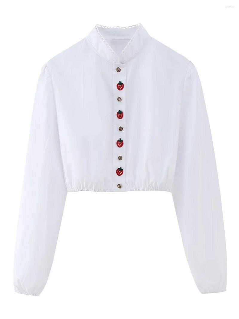 

Women's Blouses Spring Autumn Women's White Single Breasted Long Sleeve Chic Strawberry Embroidery Design Short Blouse Fashion Sweet