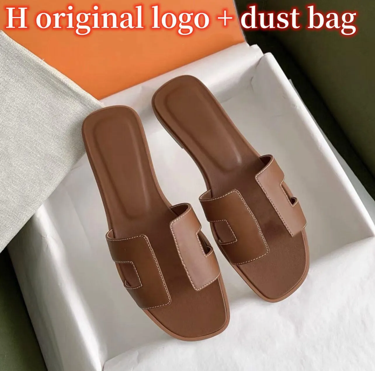 

2023 Sandals Fashion Sandals Genuine Leather Women Slippers Summer Luxury Flat Slippers Women Beach Sandals Party Wedding Oran Slippers with Dust Bag Size 35-43, 22