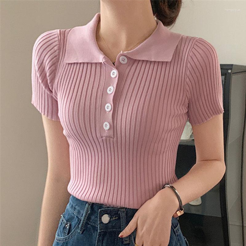 

Women's T Shirts Korean Fashion Clothing 2023 Summer Knitted Shirt For Women Short Sleeve Turn Down Collar Slim Crop Top Female Tee Femme, Black