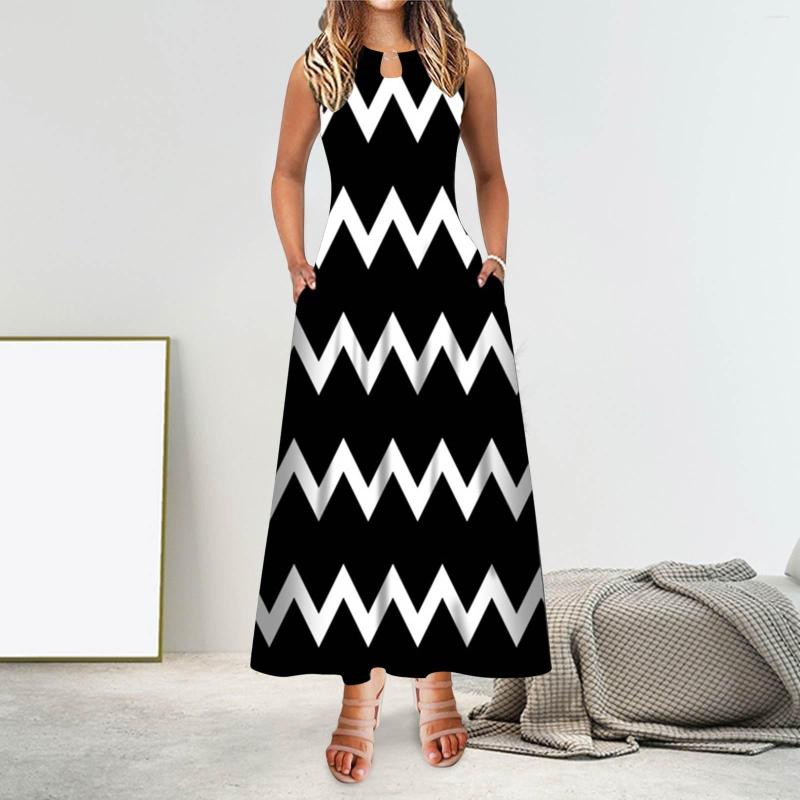 

Casual Dresses Summer Fashion Women A Line Dress Maxi Long Sleeveless Floral Print Pocket With Pockets For, Black