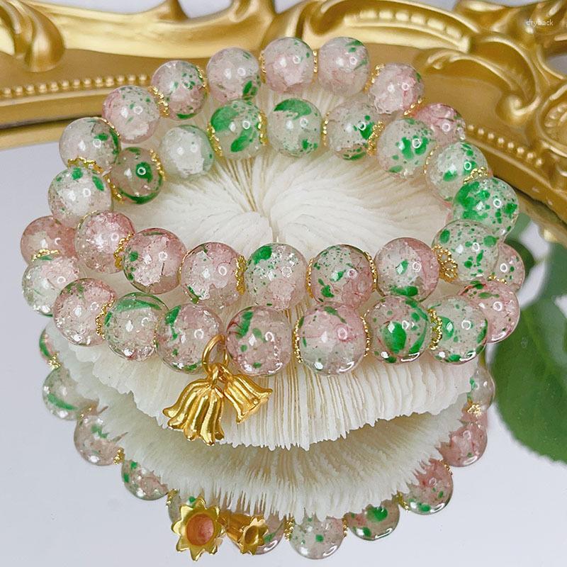 

Link Bracelets Ruifan Summer Gold Plated Flower Lotus Double-loop Cracked Glaze Beads Beaded Strand Bracelet Women Fashion Jewelry