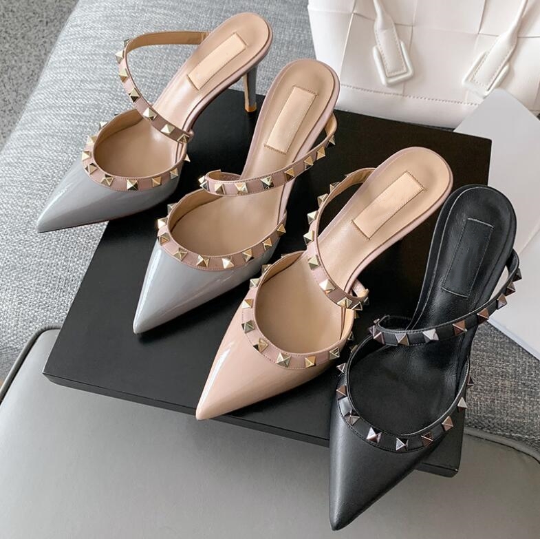 

Luxury Brand Women High Heel Rivets Sandals Thin Heel Pointed Toes Wedding Shoes 6cm 8cm 10cm Super High Women Sandal with Dust Bag 35-44