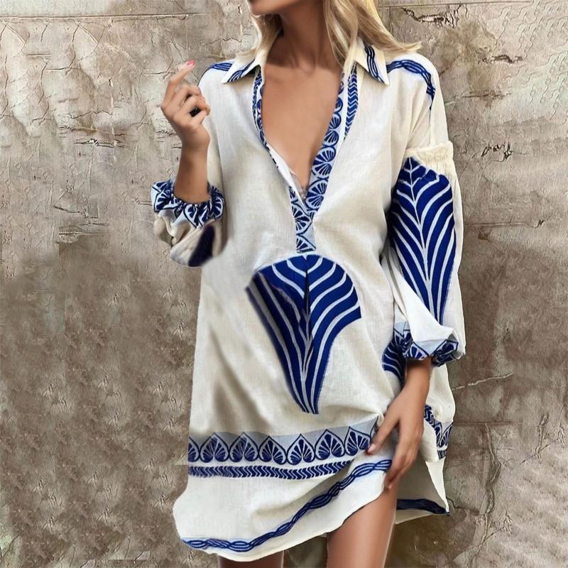 

Casual Dresses 2023 Sexy Boho Holiday Dress Women V Neck Long Sleeve Print Mini For Elegant Loose Beach Party Short, Black