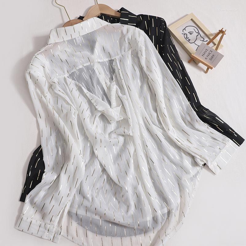 

Women's Blouses 2023 Summer Sequin Shirt Women Turn-down Collar Single-breasted Long-sleeved Tops Casual Fashion Loose Back Hollow Out, Black