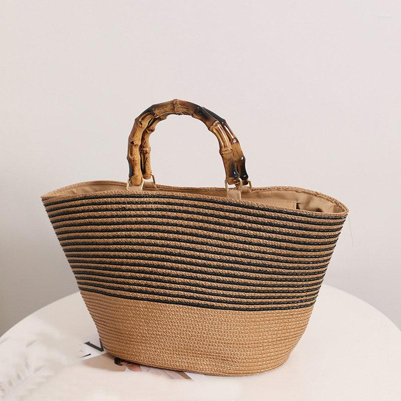

Evening Bags WomBamboo Section French Retro Straw Bag Large Capacity Striped Clutch Braided Female Hand Carrying Basket, Auburn