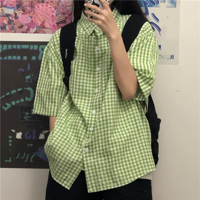 

Women' Blouses QWEEK Japanese Harajuku Plaid Shirt Oversized Women' Blouse Short Sleeve Korean Style Green Top Female Preppy Aesthetic