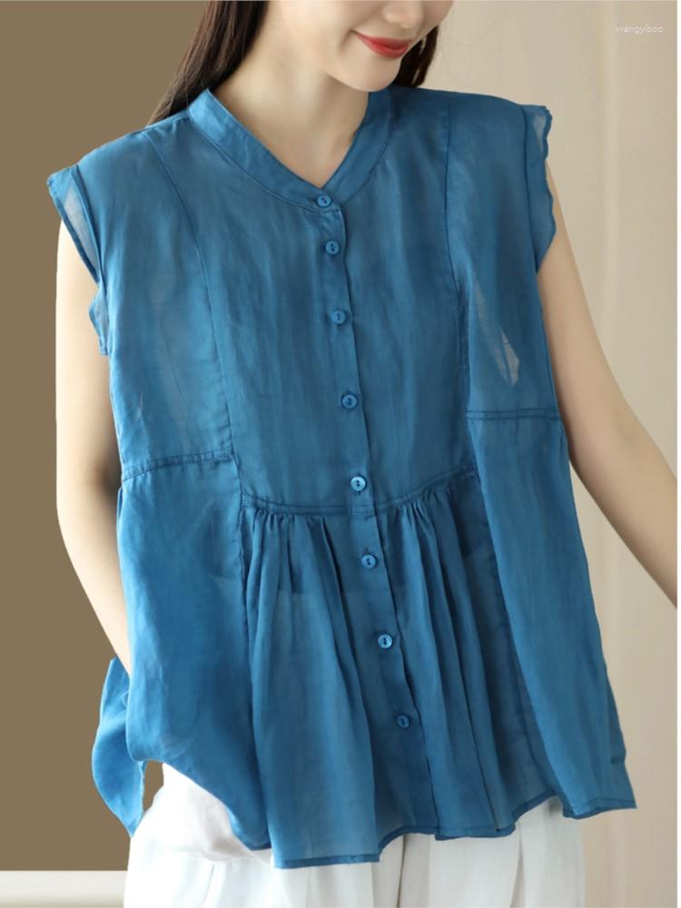 

Women's Blouses Women Ramie Thin Drawstring Shirt 2023 Summer Casual Loose Simple Tops Stand Button Sleeveless Blouse, Figure 1