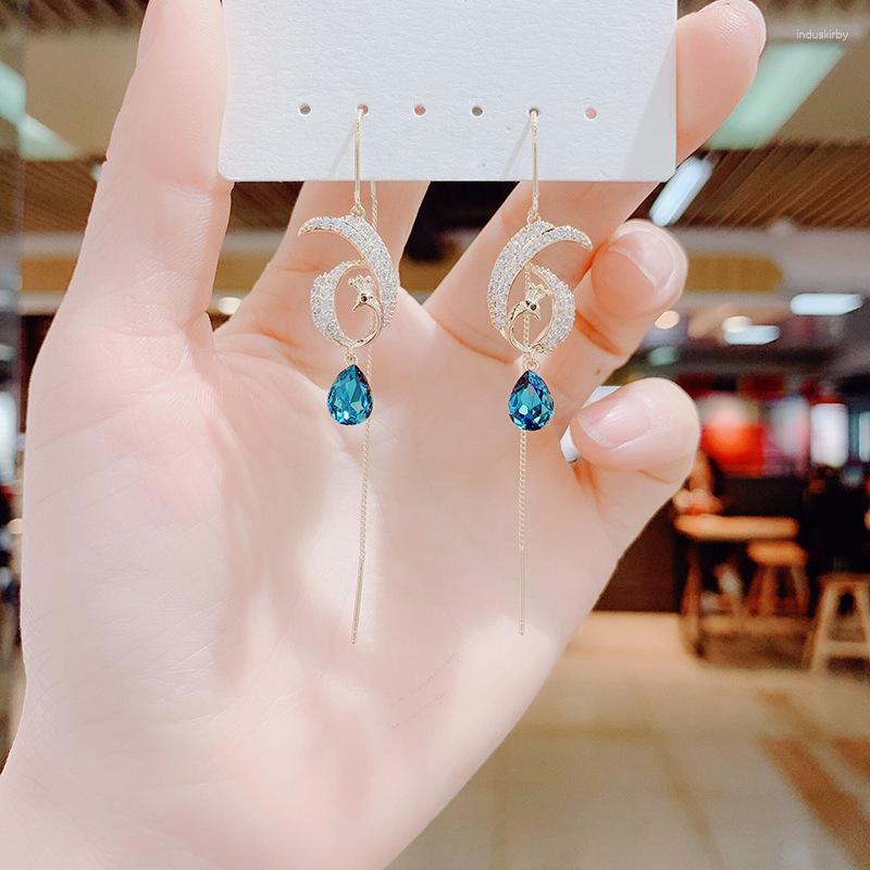 

Dangle Earrings 2023 Korean Fashion Exquisite Rhinestones Water Drop Peacock Long Tassel Temperament Women's Jewelry Accessories