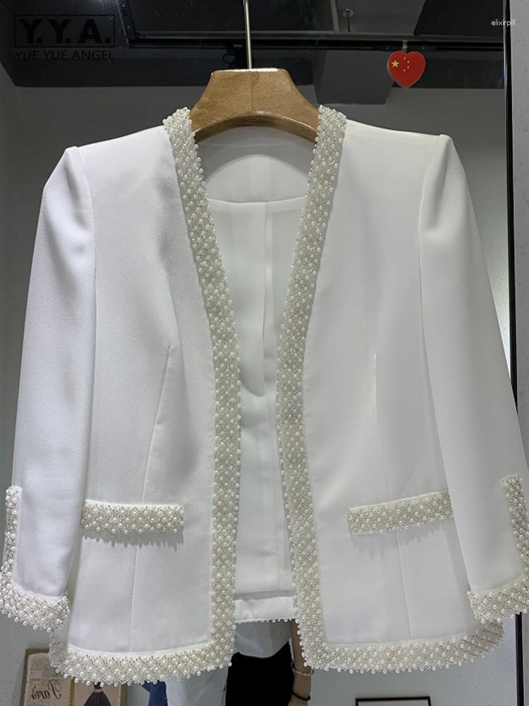 

Women' Jackets Fashion Women White Slim Fit Pearls Suit Coat Black V Neck Three Quarter Office Ladies Beading Jacket Vintage Party Outwear