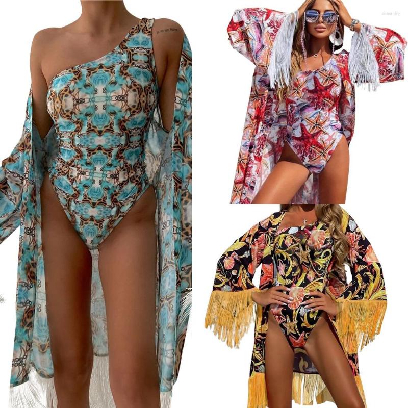 

Women' Tracksuits MOOVOOK 2023 Summer Fashion Printed One-Shoulder High-Looking Slim-Fit Jumpsuit Tassel Long Sleeve Cloak Two-Piece Suit, Red