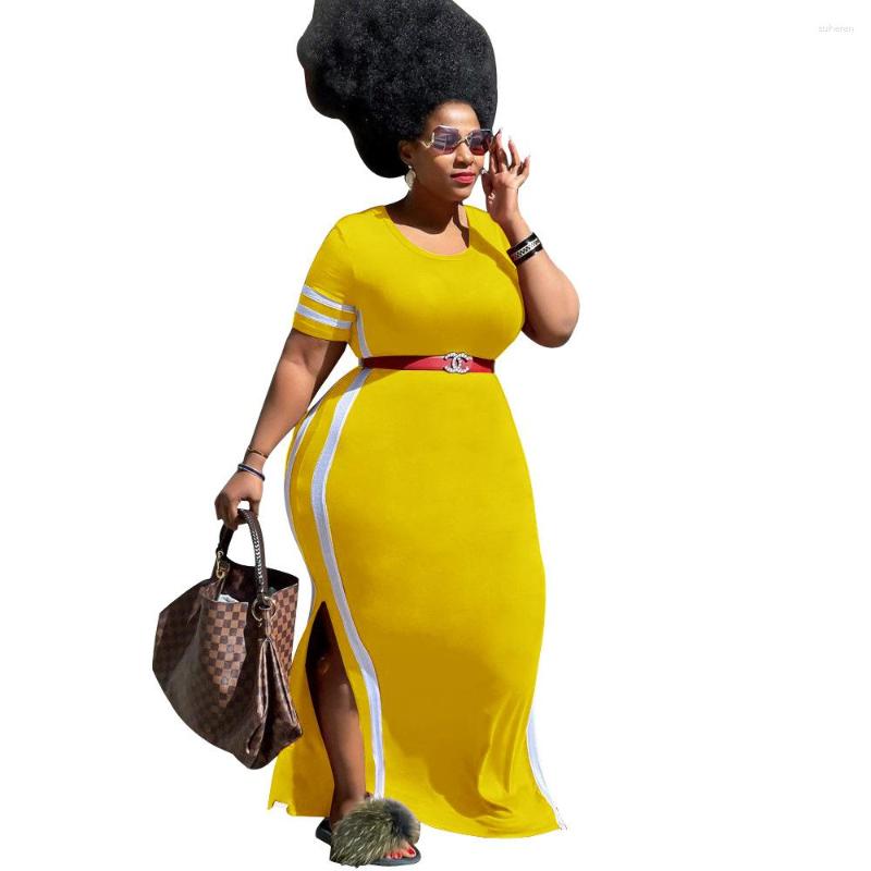 

Ethnic Clothing African Striped Print Maxi Dress For Women Summer Hem Split Short Sleeve Street Fashion Robe Femme Africaine Clothes