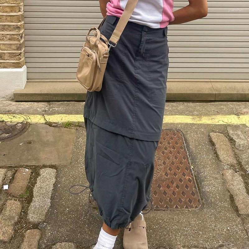 

Skirts DEEPTOWN Grey Cargo Long Skirt Women High Waist A-line Big Pockets Drawstring Streetwear Y2k Casual Midi Hippie Fashion, Gray