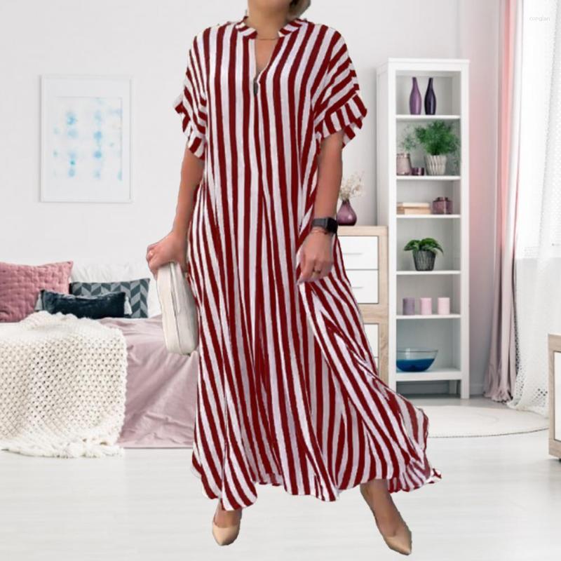 

Casual Dresses Women Summer Dress Striped Texture Contrast Color Loose Pullover Short Sleeves Dress-up Side Split V Neck Shirt Style Lady, Blue