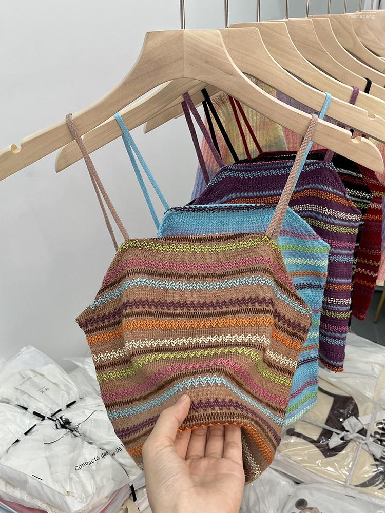 

Women's Tanks Women's Summer Spaghetti Strap Crop Top Sexy Y2k Fashion Casual Chic Vintage Sleeveless Stripe Tank Vest Korean Clothes, Black