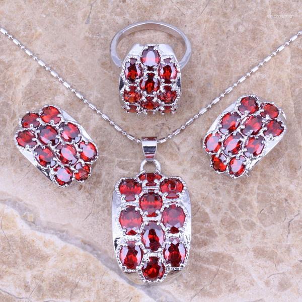 

Necklace Earrings Set Red Garnet Silver Plated Pendant Ring Size 5 / 6 7 8 9 10 S0011, Picture shown