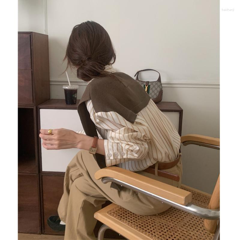 

Women' Blouses Korean Version High Grade Retro Western Style Loose Simple Long-sleeved Polo Collar Fake Two Shawl Striped Shirt Top Woman, Coffee