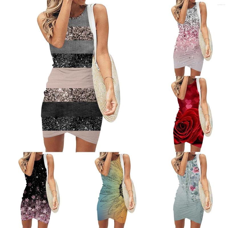 

Casual Dresses Women's Fashionable Round Neck Printed Wrinkle Slim Irregular Vest Bag Hip Dress Comfy For Women, Watermelon red