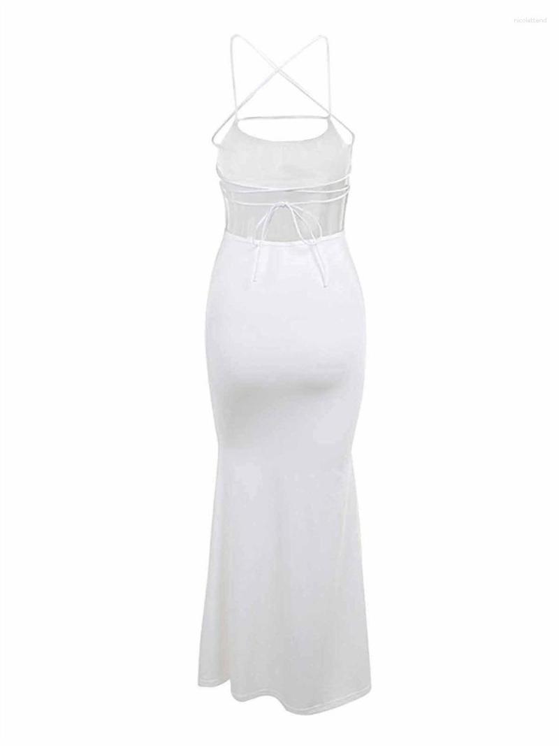 

Casual Dresses WOBONIU Women Spaghetti Strap Long Dress Cutout Bandage Backless Party For Cocktail Beach Streetwear Summer Clothes, 1128-white