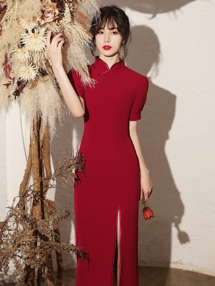 

Ethnic Clothing Chinese Style Burgundy Prom Dresses Elegant High Slit Cheongsam Long Evening Party Gowns Women Formal Toast