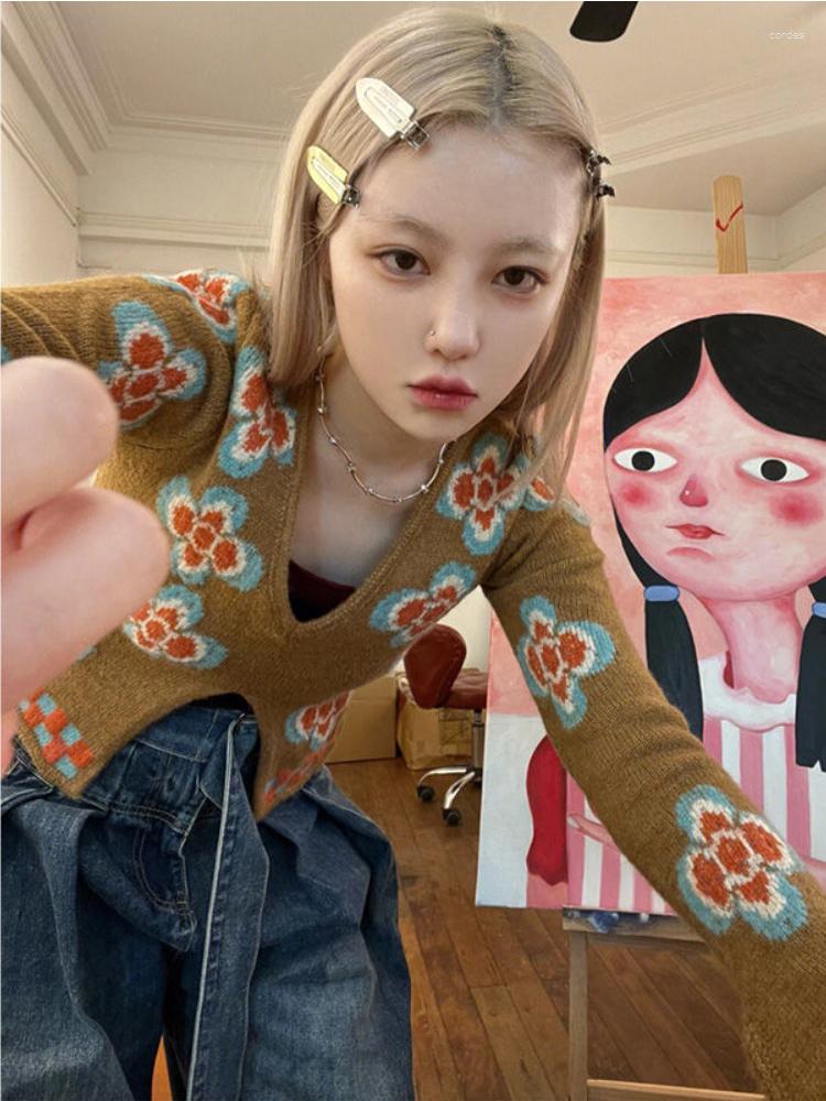 

Women' Sweaters Deeptown Vintage Knitted Cropped Sweater Women Harajuku Slim Long Sleeve Pullover Korean Fashion Casual Y2K Tops Grunge, Brown