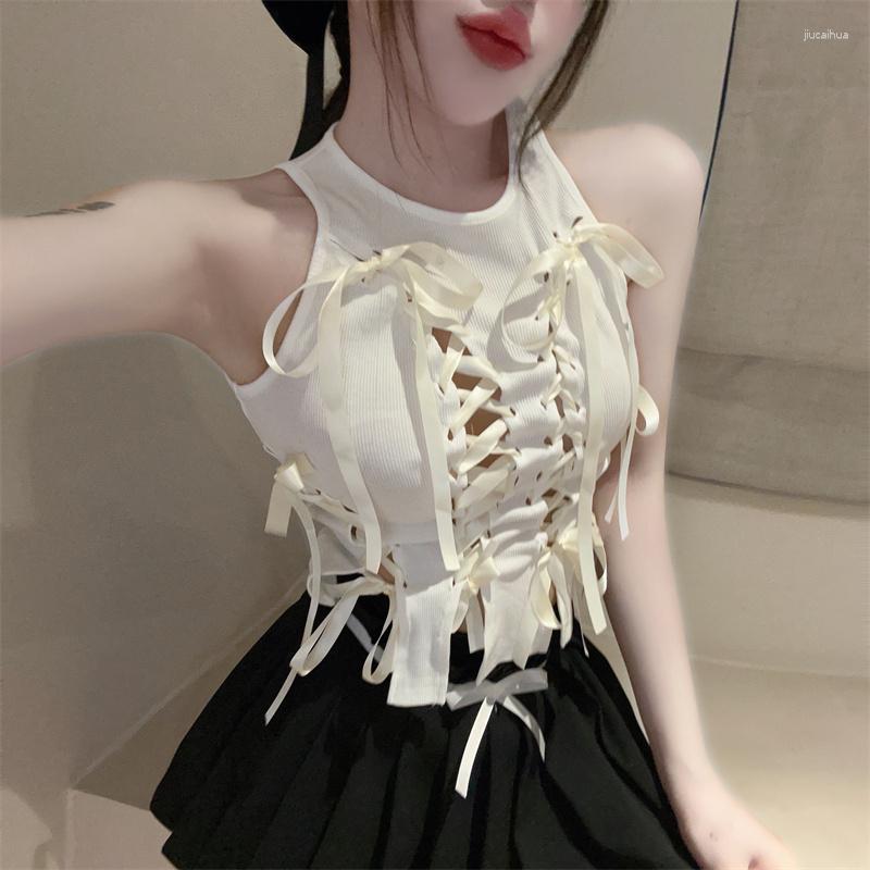 

Women' Tanks Y2K Summer Sexy Knitted Tank Top Women Crop Camisole Sleeveless Hollow Drawstring Bow White Fashion Clothing